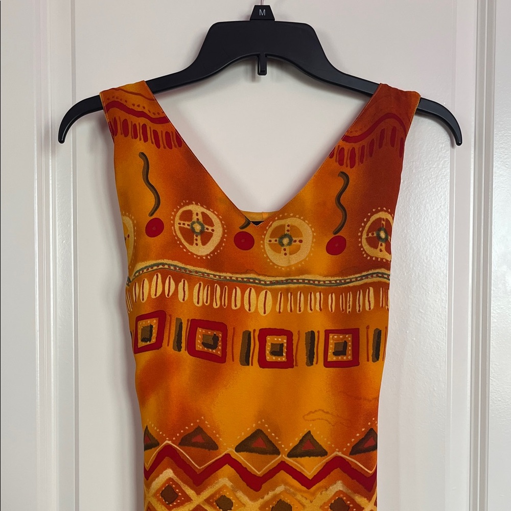 Y2K Orange Boho Geometric Dress Retro Festival Bodycon Maxi Size M